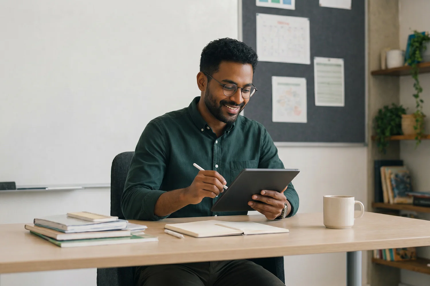 Teacher using a tablet to prepare assessments