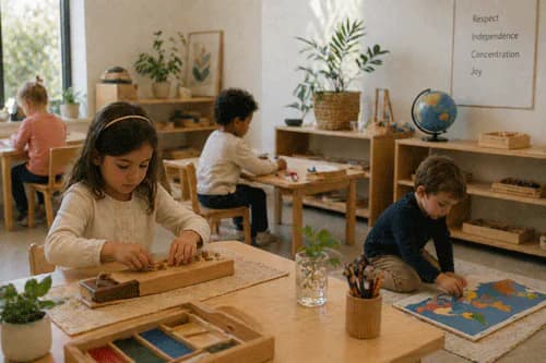 Students using Montessori materials in a classroom