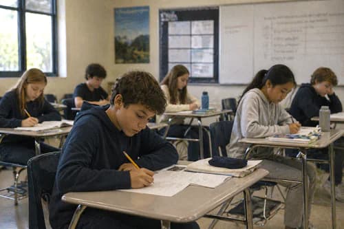 Students working at desks in a traditional classroom