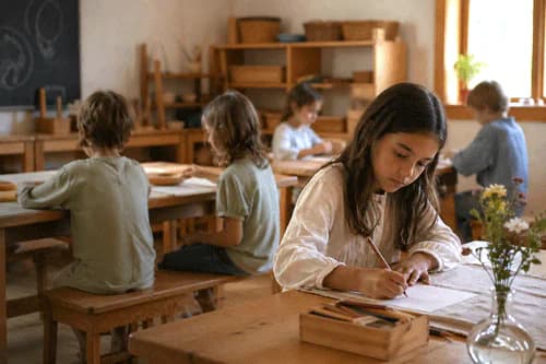 Students working at wooden tables in a Waldorf classroom
